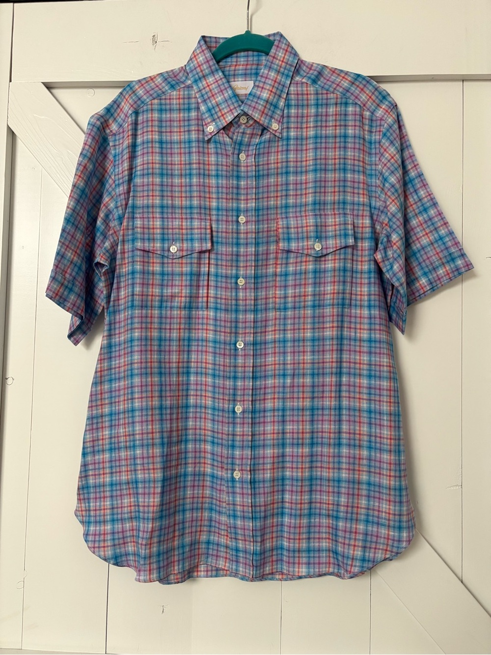 Brioni  100% linen men’s shirt pink blue purple plaid size iv Large